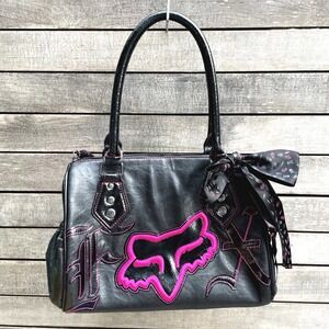 Vintage Fox Racing Purse 90s Black Pink Embroidered Satchel Bag Y2K Punk Bow